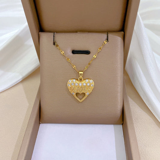 Minimalist Hollow Heart Pendant Necklace for Women and Men Stainless Steel Delicate Clavicle Chain with Moon Motif