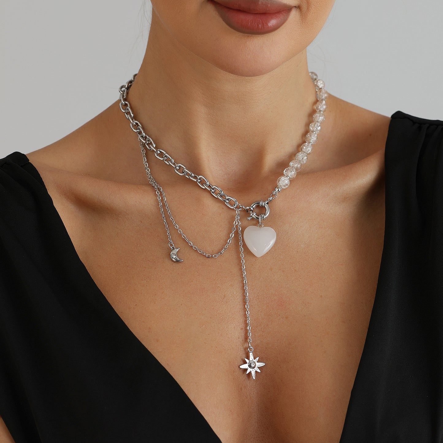 Sweet Streetwear Crackle Crystal Heart Geometric Star Glass Pendant Aluminum Alloy Plated Necklace Bracelet Set for Women and Men
