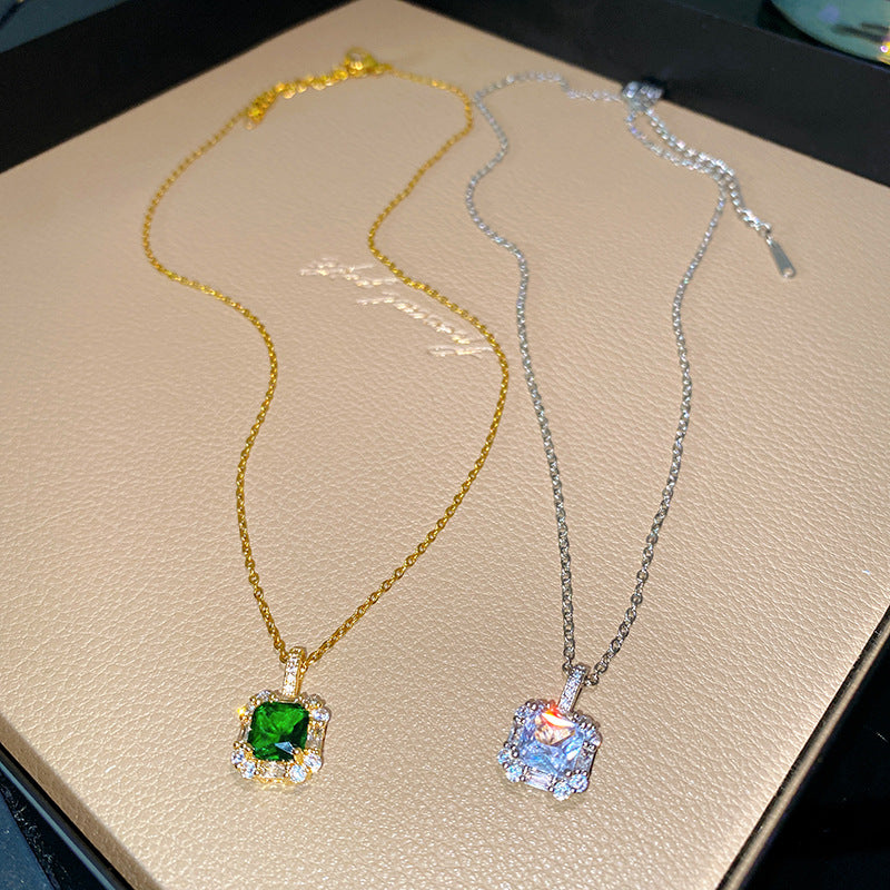 Sporty Sweet Square Fruit Emerald Cubic Zirconia Plated Titanium Steel Necklace with Brass Pendant Cable Chain