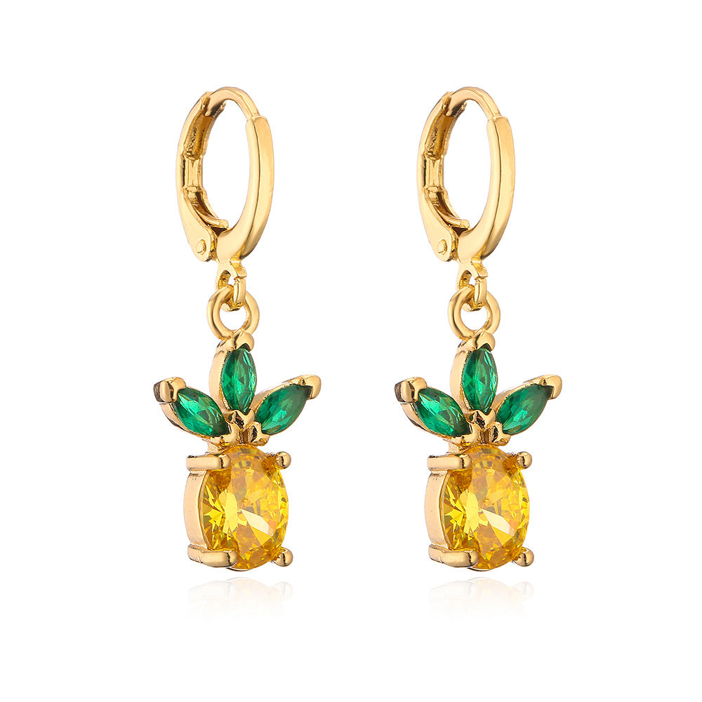 Minimalist Pineapple Strawberry Shaped Copper Earrings with Gold Plating and Micro-Pave Zirconia for Women