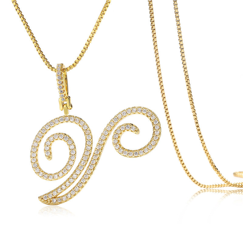 Minimalist Geometric Letter Pendant Necklace in Brass with Micro-Pavé Setting on Box Chain