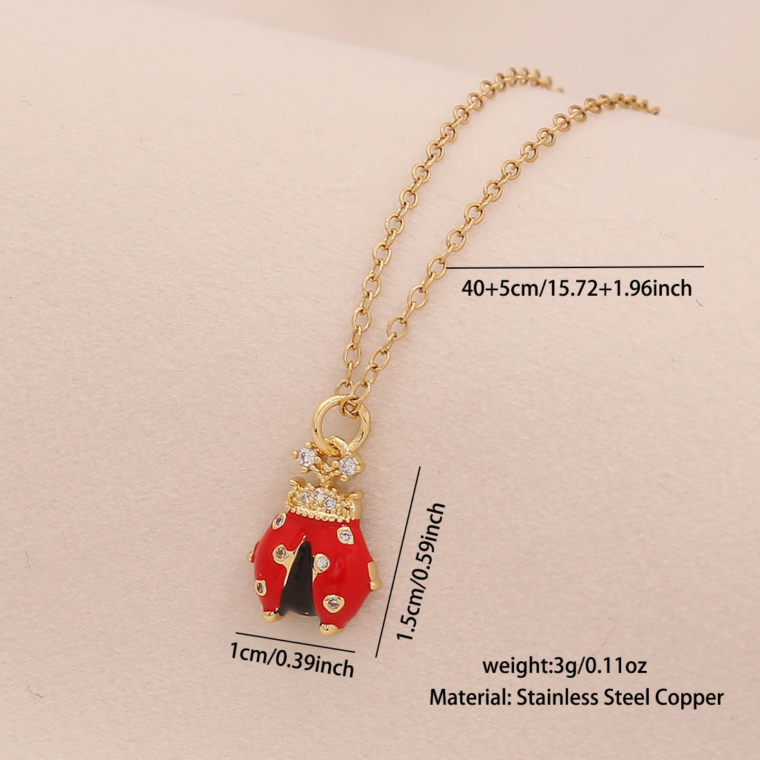Cute Ladybug Pendant Necklace in Copper with Micro-Paved Zirconia, Enamel Finish, O-Chain, Animal-Themed Jewelry for Women