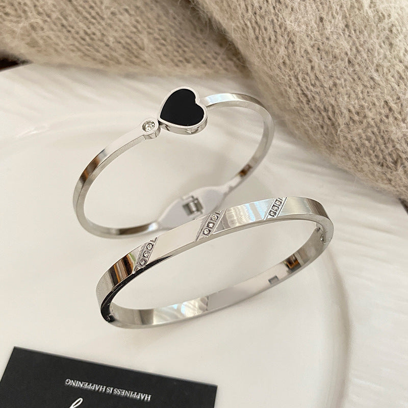 Fan Shaped Heart Rhinestone Inlaid Titanium Steel Plated Open Cuff Bracelet