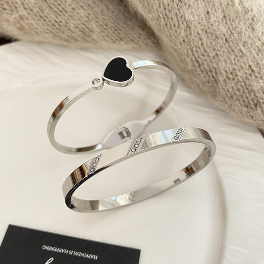 Fan Shaped Heart Rhinestone Inlaid Titanium Steel Plated Open Cuff Bracelet