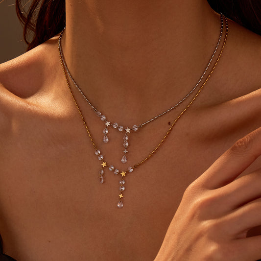 Elegant Tassel Stainless Steel Necklace with 18K Gold Plating and Zircon Inlay for Women