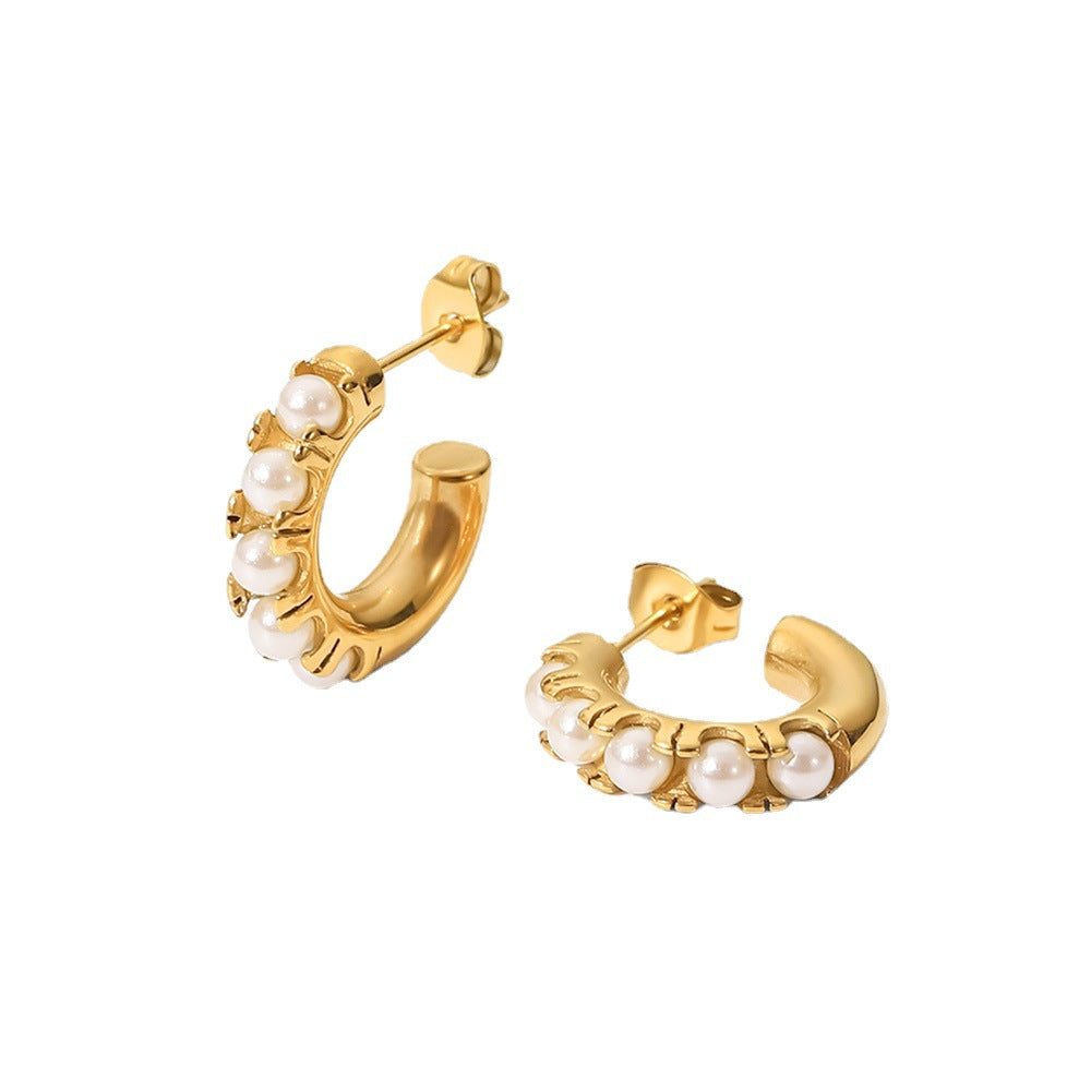 INS-Inspired Geometric Titanium Steel Earrings with 18K Gold Plating and Pearl Inlay for Women