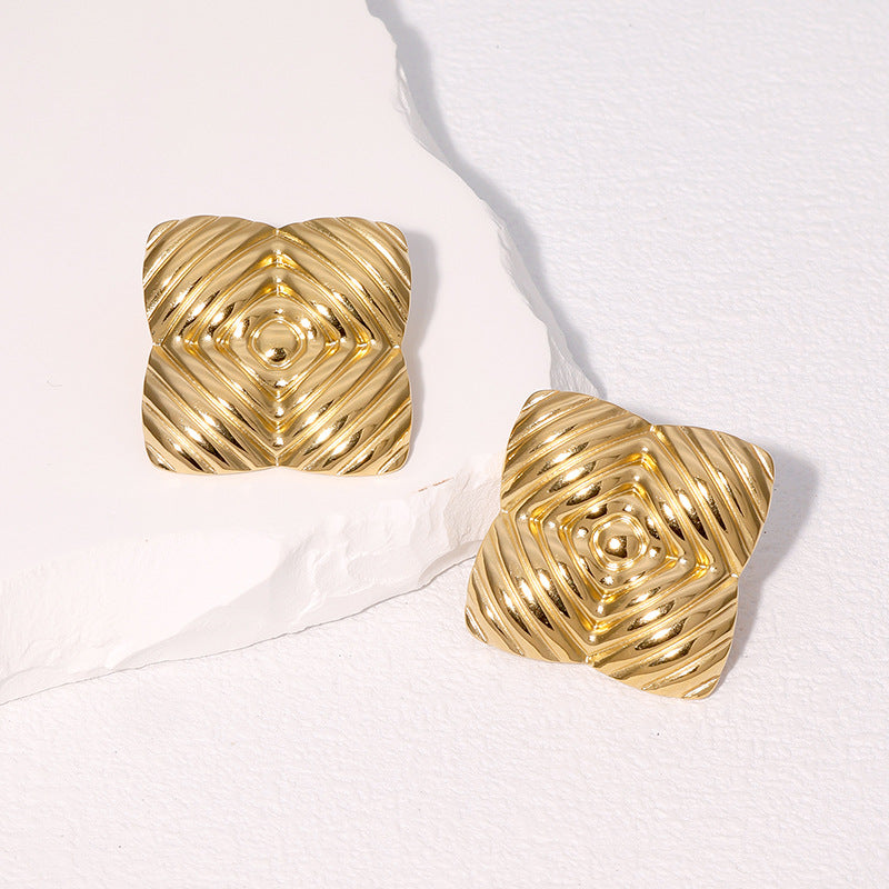 Vintage Geometric Square Textured 18K Gold Plated Stainless Steel Stud Earrings for Women