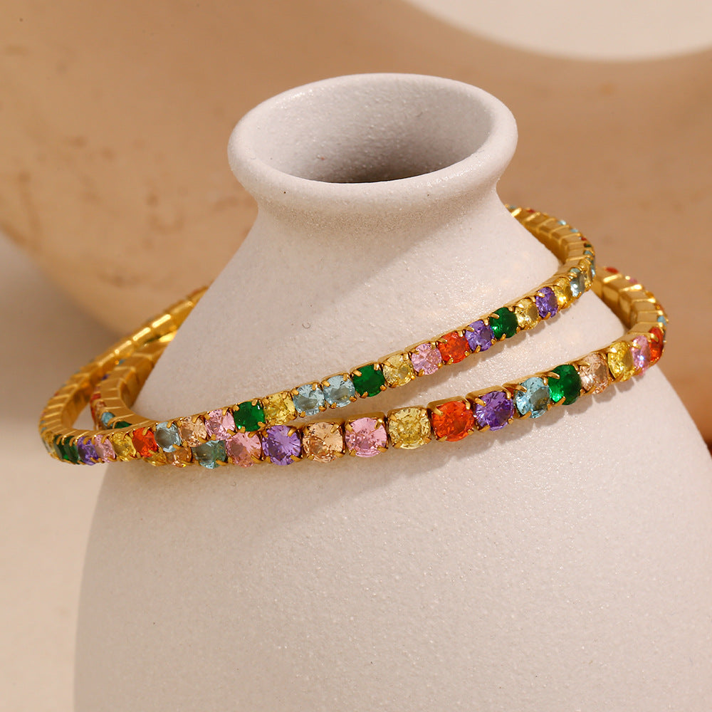 Fashionable Minimalist Geometric Stainless Steel Plated 18K Gold Elastic Bracelet with Colorful Zircon for Women