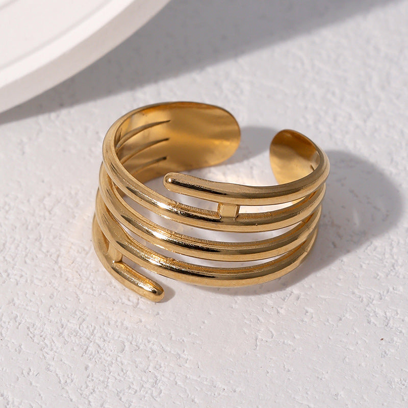 Anello Aperto Regolabile in Acciaio Inossidabile Geometrico Minimalista con Finitura Placcata per Donna