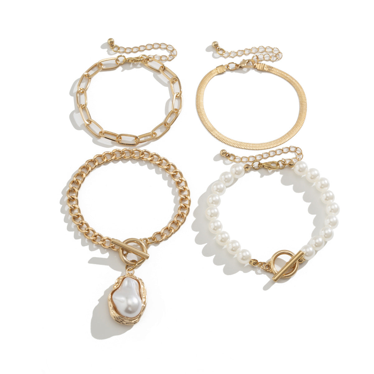 Minimalist Geometric Pearl-Style Beaded Bracelet Set with Tassel and Chain Accents for Women