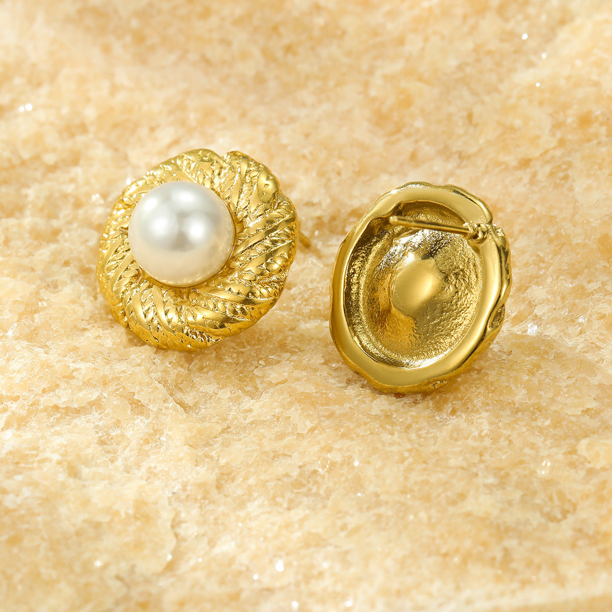 Vintage Geometric Stainless Steel Stud Earrings with Pearl Inlay for Women