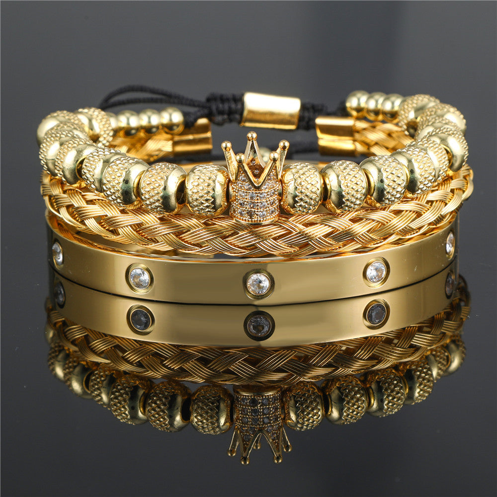 Geometric Roman Letter Crown Woven Titanium Steel C-Shape Open Bangle Bracelet Set for Women