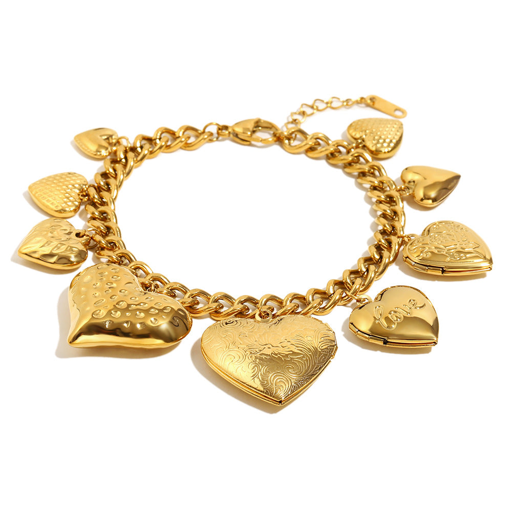 Fashionable Vintage Heart-Shaped Stainless Steel Plated 18K Gold Love Box Bracelet for Women