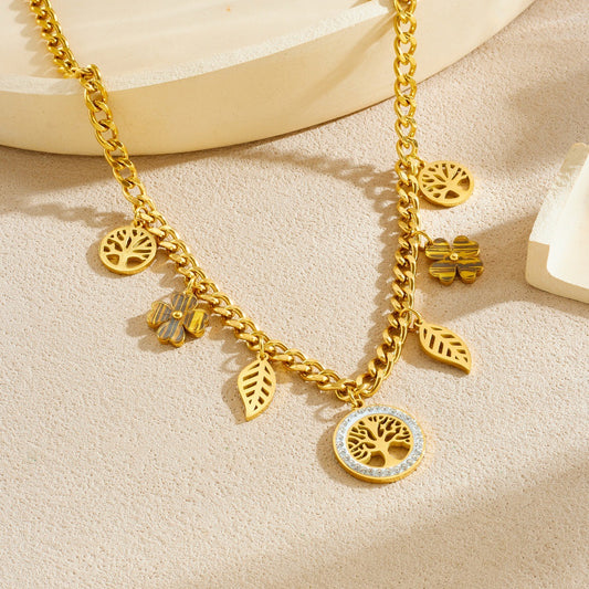 Elegant Gold Plated Rhinestone Round Tree Leaf Hollow Pendant Serpentine Chain Stainless Steel Jewelry Set for Women