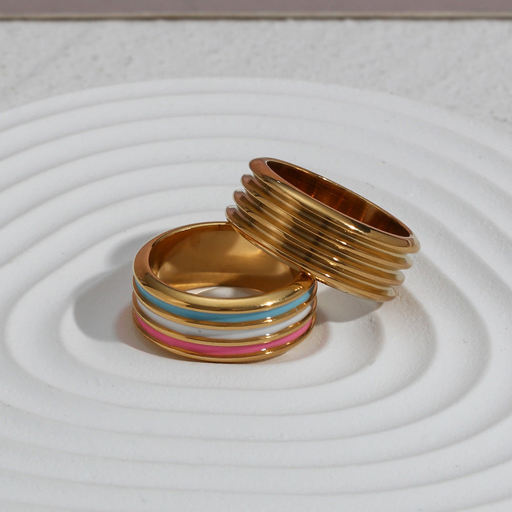 Fashionable Vintage Geometric Stainless Steel Plated 18K Gold Color Enamel Thread Ring for Women