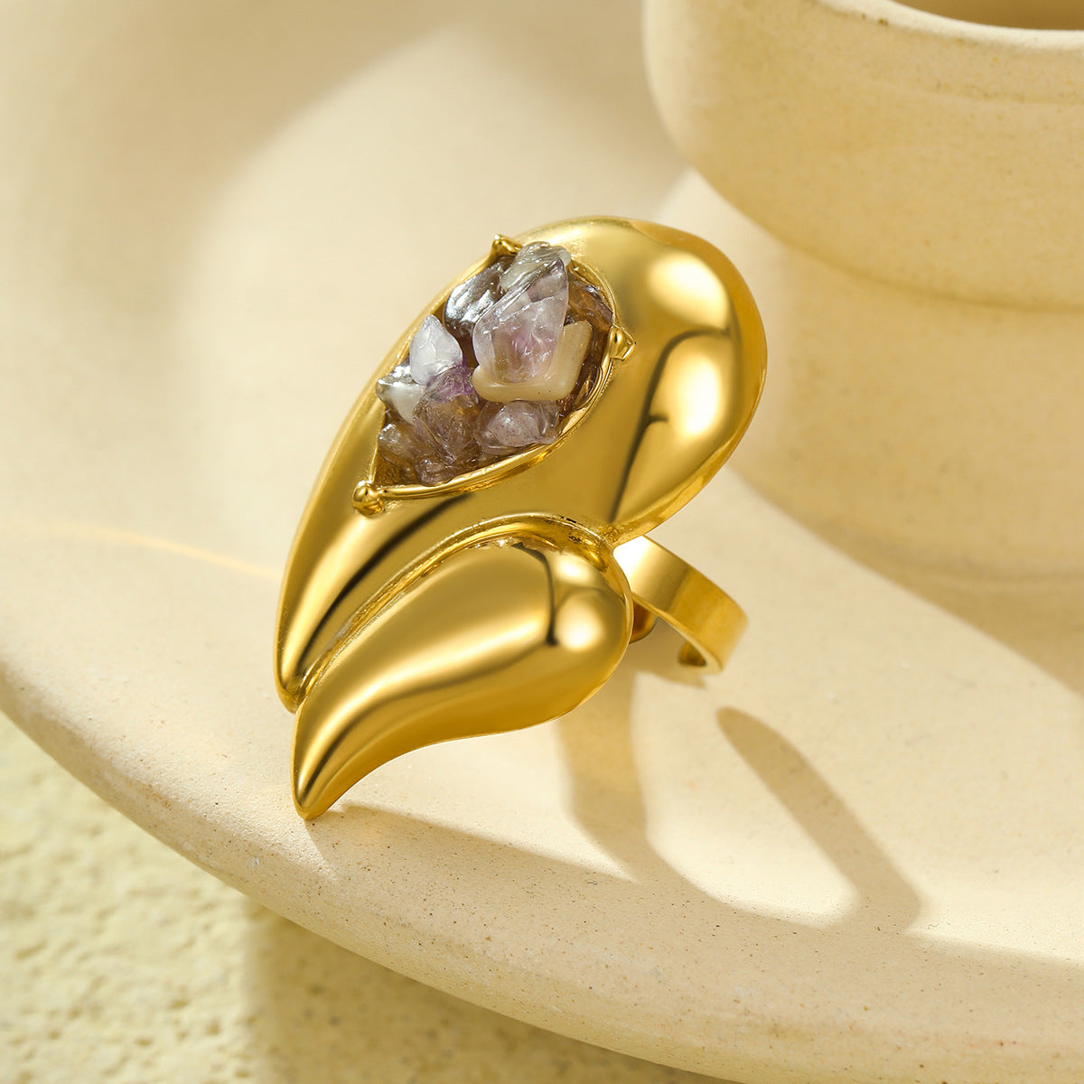Vintage Oversized Stainless Steel Double-Layer Water-Drop Shaped Ring with Natural Stone Inlay and Plated Finish for Women
