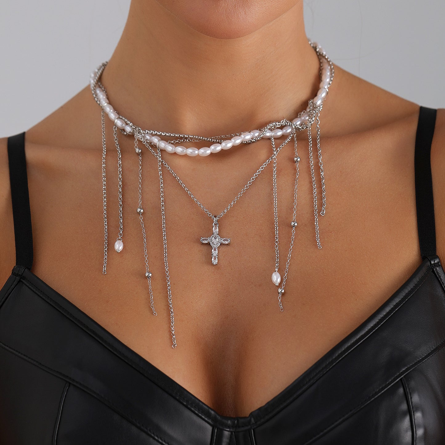 Elegant Geometric Cross Alloy Plated Pendant Necklace with Tassel and Baroque Pearl for Women