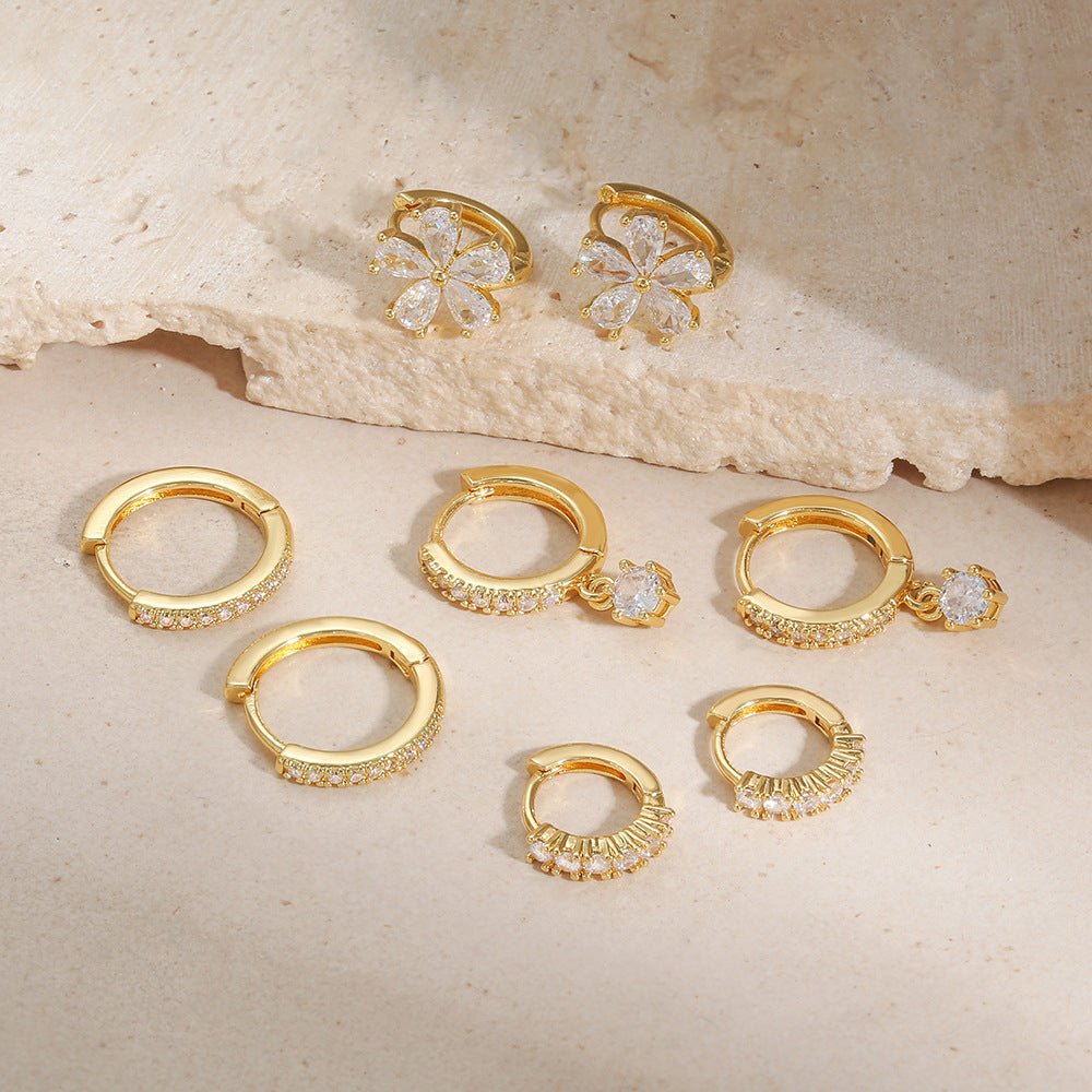 Minimalist Geometric Round Floral Brass Gold Plated Cubic Zirconia Earring Set for Women