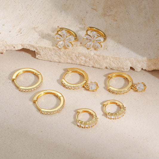 Minimalist Geometric Round Floral Brass Gold Plated Cubic Zirconia Earring Set for Women