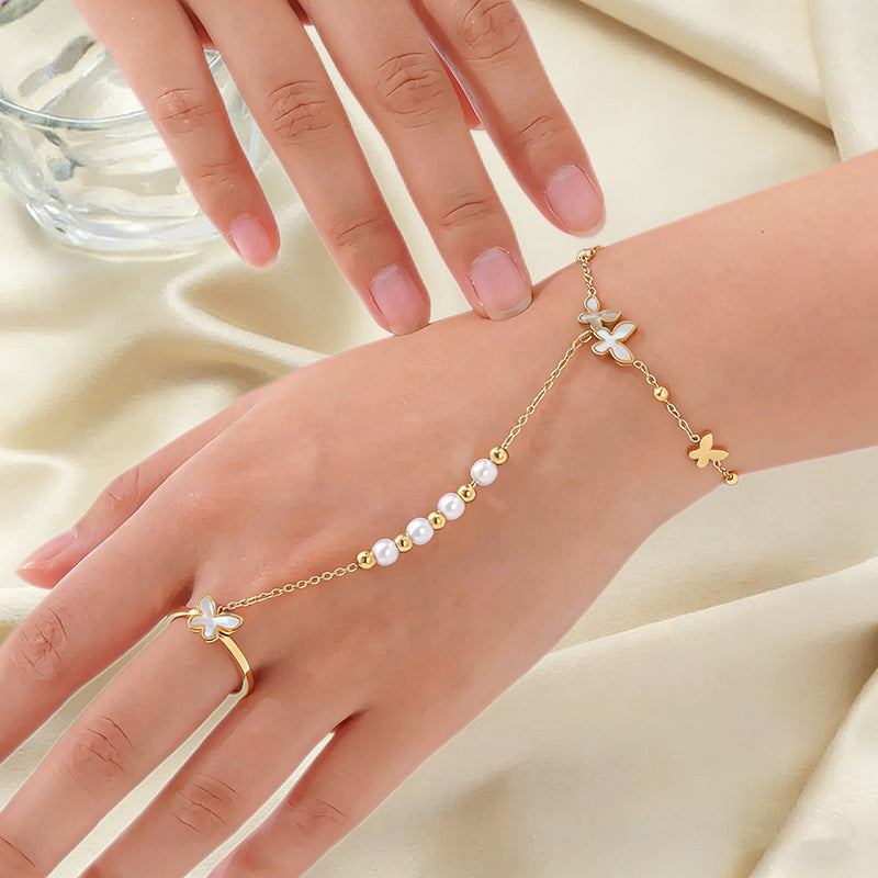 Matte Gold Plated Titanium Steel Butterfly Bead Hand Chain Ring