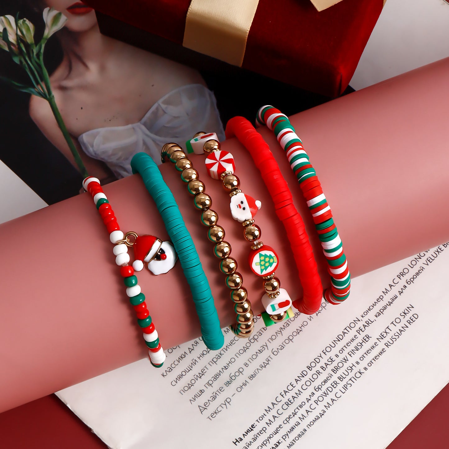 Geometric Style Handmade Polymer Clay Elastic Bracelet for Women with Plated Finish Christmas Gift