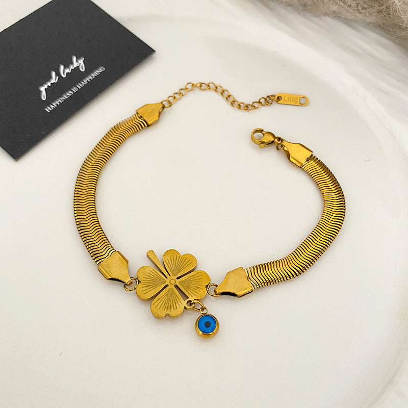 Gold Plated Titanium Steel Evil Eye Clover Bracelet Unisex