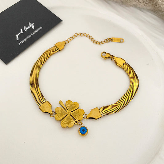 Gold Plated Titanium Steel Evil Eye Clover Bracelet Unisex