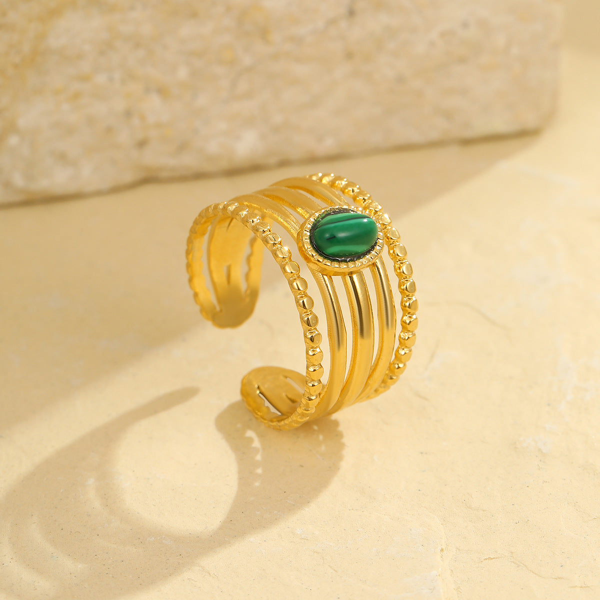 Anello da donna regolabile aperto in acciaio inossidabile placcato con pietra di malachite, stile vintage di lusso, geometrico, minimalista