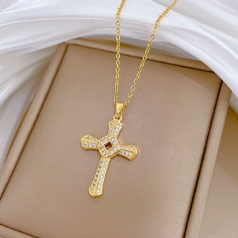 Sweet Rotating Cross Rhinestone Titanium Steel Necklace Unisex Cable Chain