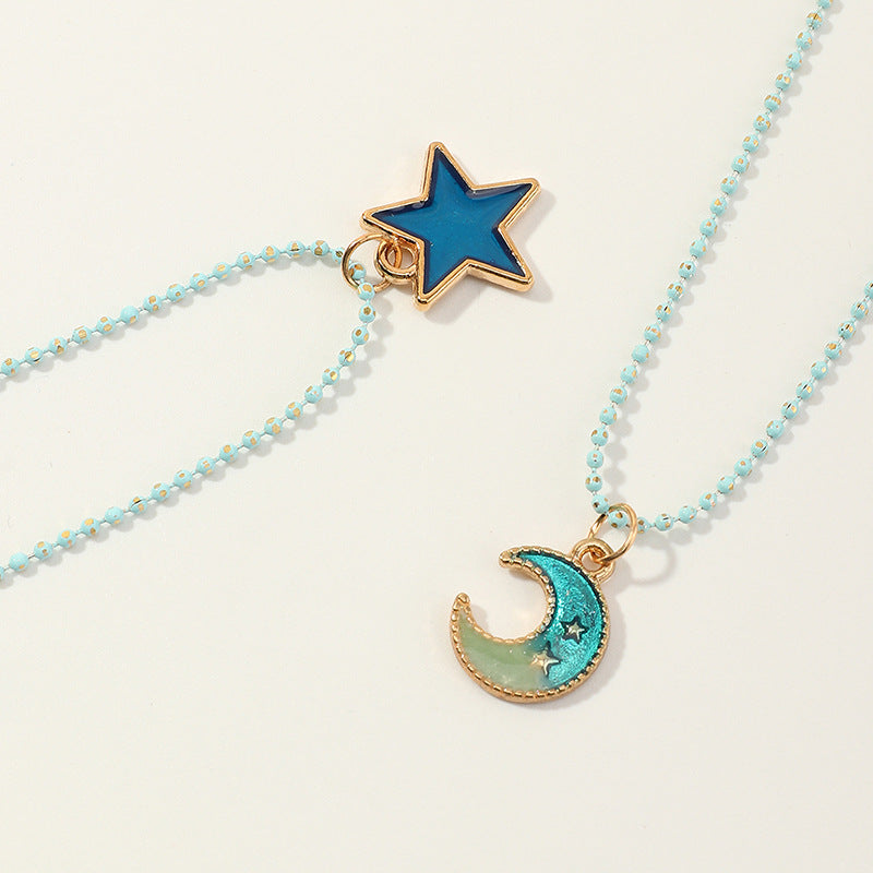 Set di collane con ciondolo geometrico in lega a forma di stella e luna per l'amicizia per bambine, su catena a maglie