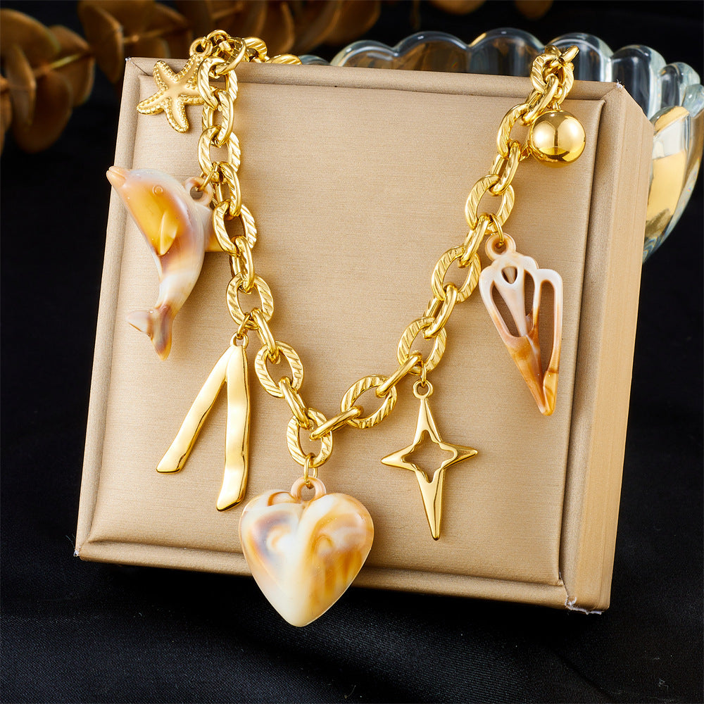 Elegant Stainless Steel Drip Oil Moon Sun Flower Pendant Necklace with Cable Chain for Women