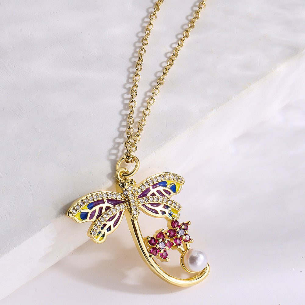 Minimalist Butterfly and Dragonfly Pendant Necklace for Women in Copper with 18K Gold Plating and Micro-Pave Zirconia