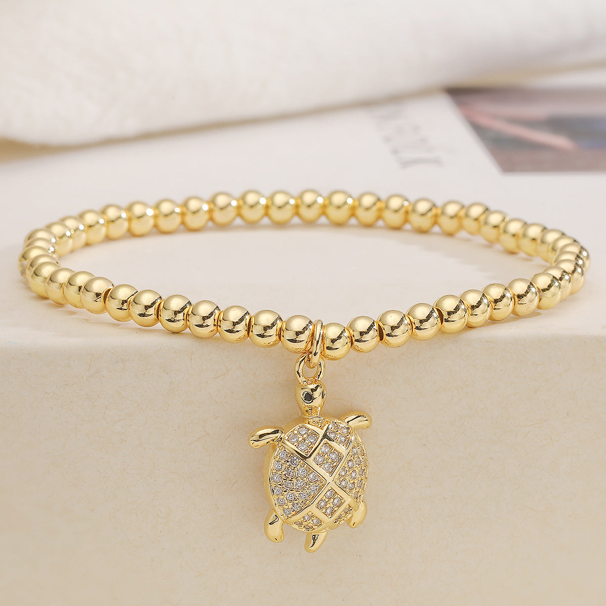 Fashion Cute 18K Gold Plated Cubic Zirconia Turtle Animal Brass Ball Chain Bracelet for Women