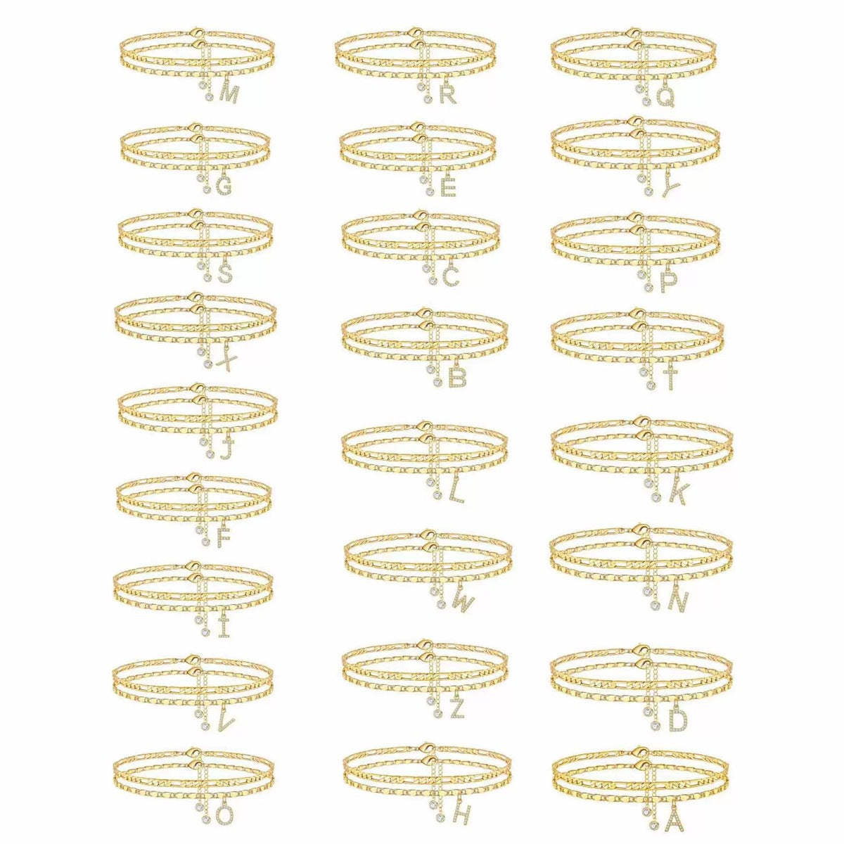Bohemian Gold Plated Alloy Letter Cubic Zirconia Figaro Chain Anklet for Women