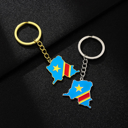 Ethnic Style Congo Democratic Republic Map Flag Keychain in Titanium Steel for Men and Women