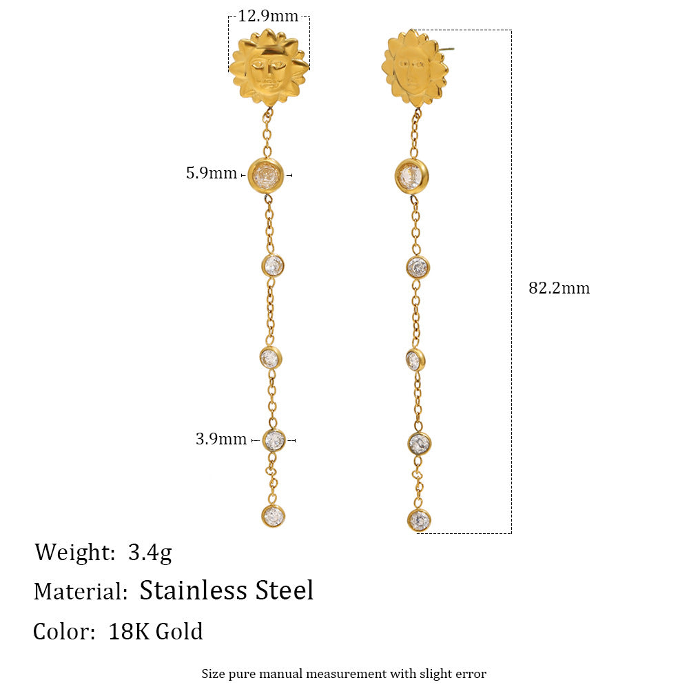 Minimalist 18K Gold Plated Stainless Steel Geometric Round Cubic Zirconia Sun Tassel Earrings