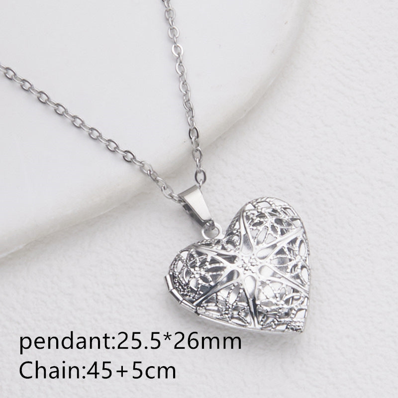 Elegant Hollow Heart-Shaped Photo Locket Necklace in Stainless Steel with Titanium Steel Pendant and Electroplated Finish