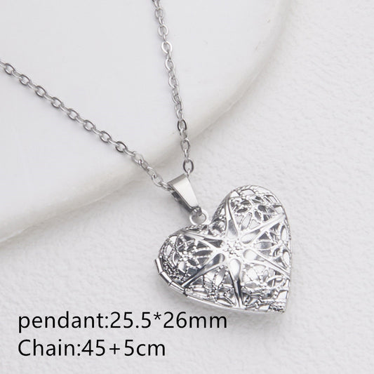 Elegant Hollow Heart-Shaped Photo Locket Necklace in Stainless Steel with Titanium Steel Pendant and Electroplated Finish