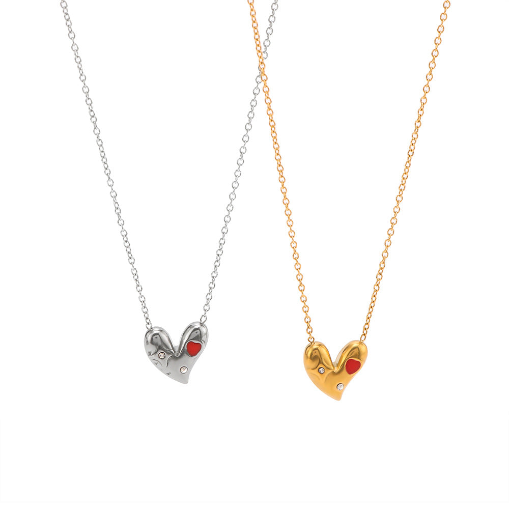Collana asimmetrica minimalista a forma di cuore da donna in acciaio al titanio con intarsio di strass e placcatura sottovuoto in oro 18 carati