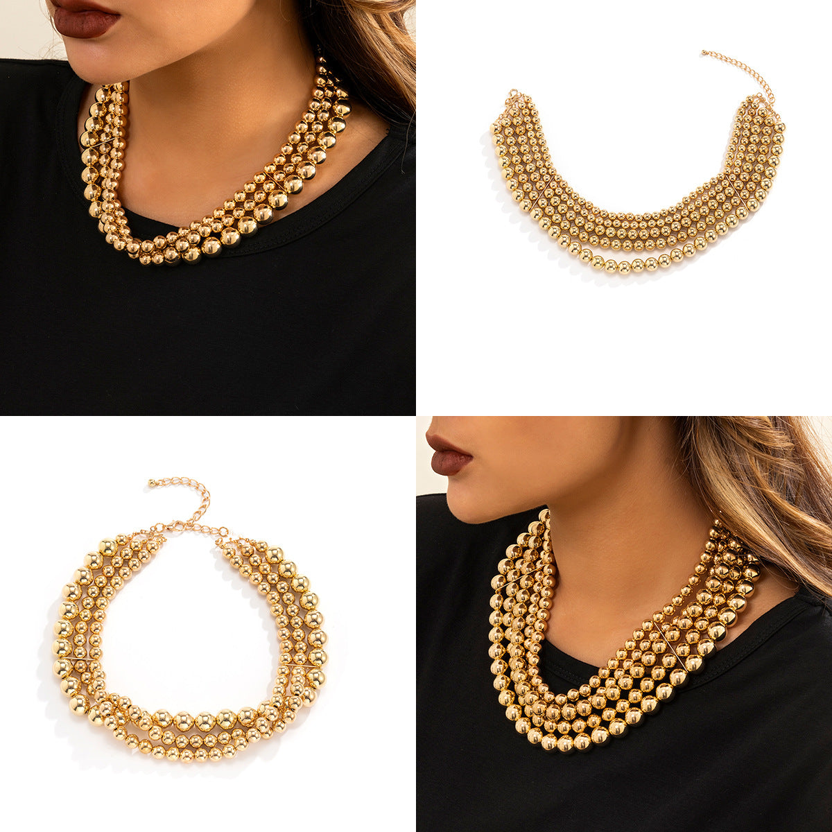 Minimalist Punk Geometric Beaded Multi-Layer Plated Resin Ball Chain Necklace for Women