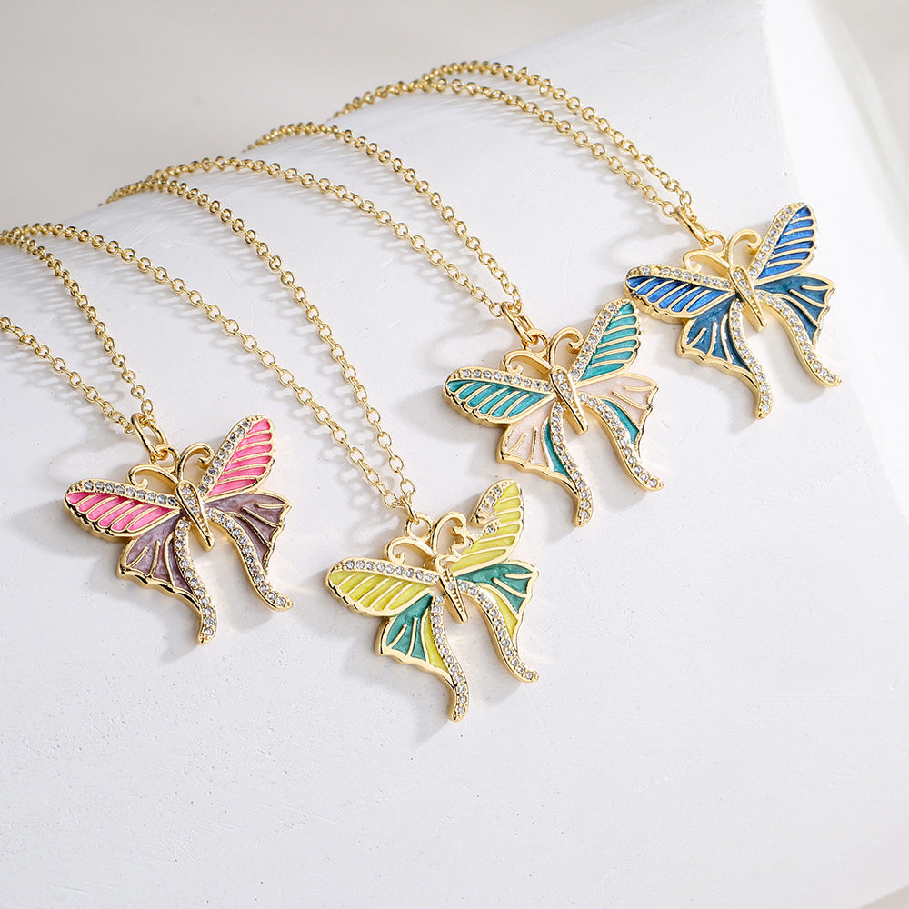 Minimalist Butterfly Pendant Necklace for Women Made of Brass with 18K Gold Plating and Enamel Finish Featuring Cubic Zirconia Inlay