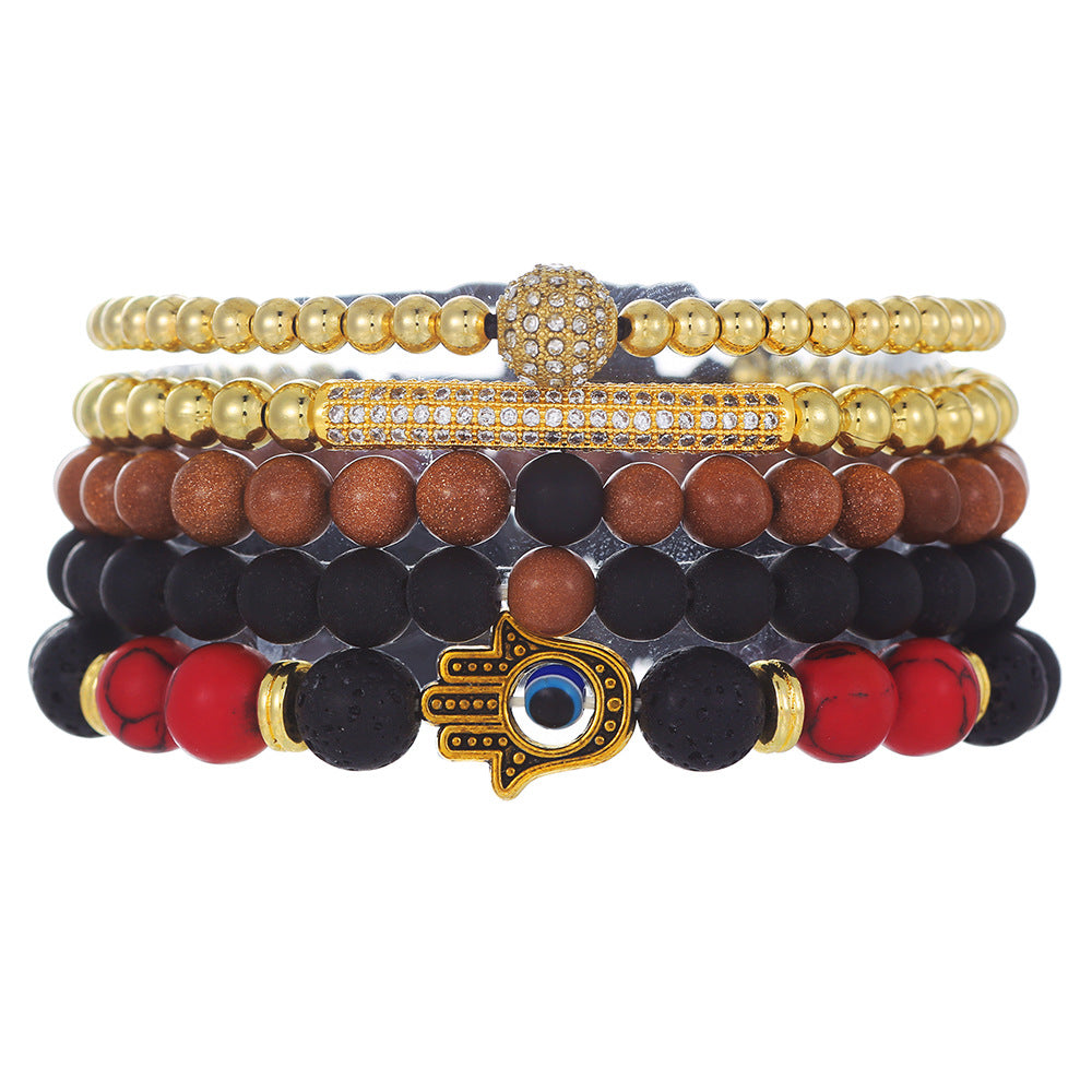 Vintage Geometric Evil Eye Palm Beaded Bracelet Set with Cubic Zirconia and Stone Accents
