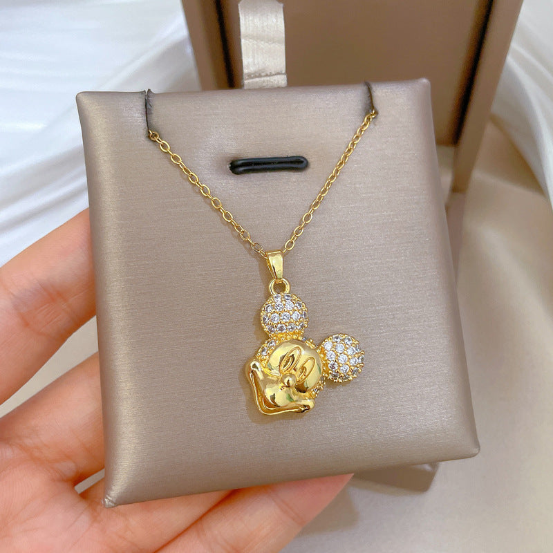 Luxury Sweet Fresh Titanium Steel Geometric Smiley Mouse Pendant Necklace with Rhinestones for Unisex