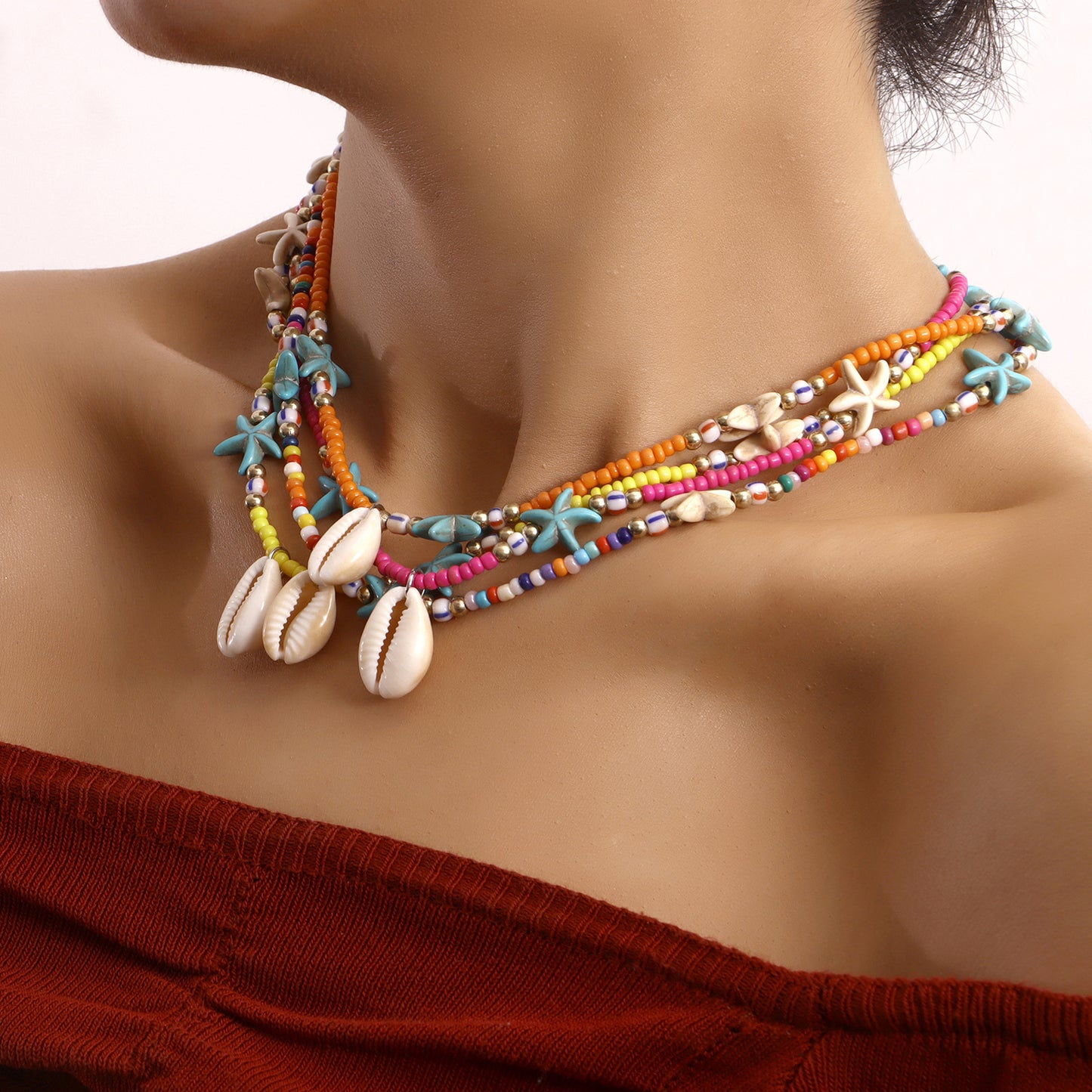 Bohemian Starfish and Seashell Pendant Necklace for Women in Alloy with Plated Finish Geometric Ocean-Inspired Design