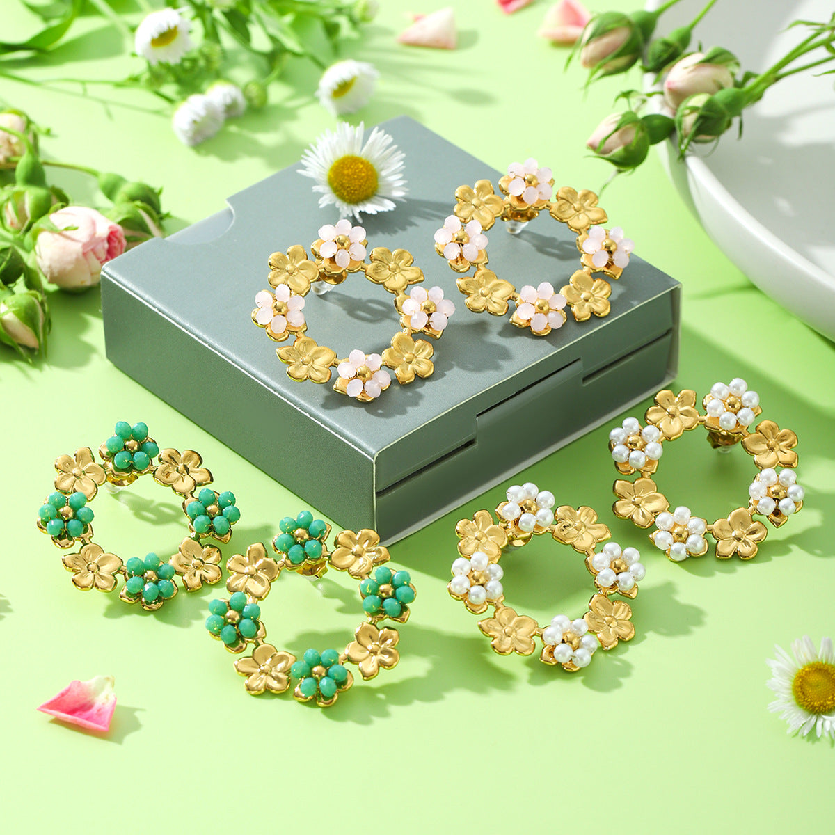 Floral Pearl Stud Earrings with Stainless Steel Hoop and 18K Gold Plating for Women
