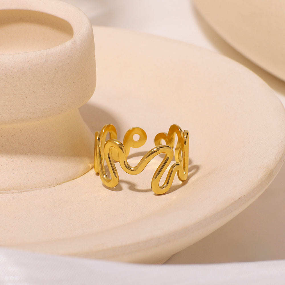 Wavy Line Stainless Steel Ring with 18K Gold Plating Hypoallergenic Minimalist Geometric Design