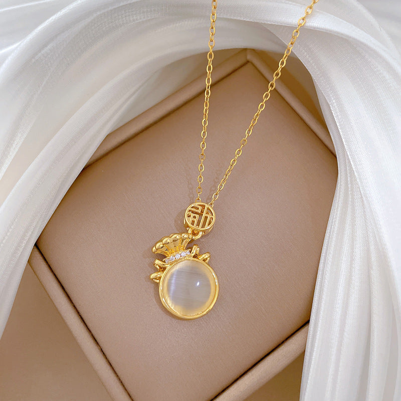 Minimalist Lucky Bag Pendant Necklace for Women Stainless Steel Locket Chain with Full Rhinestone Accents and Zodiac Animal Shape