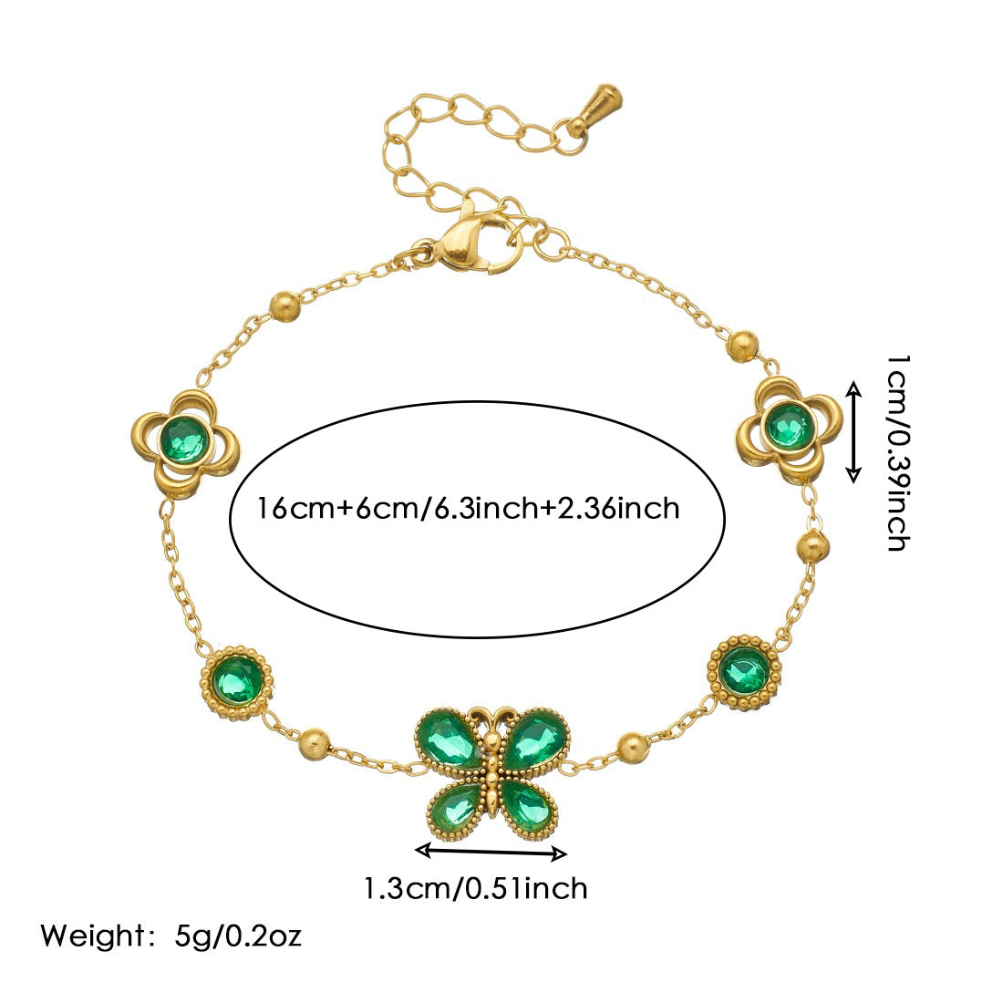 Gold Plated Stainless Steel Round Butterfly Flower Rhinestone Pendant Bracelet for Women