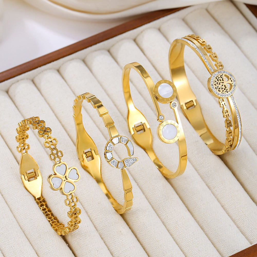 Geometric Round Titanium Steel Bracelet with Cubic Zirconia and Shell Design Plated Finish