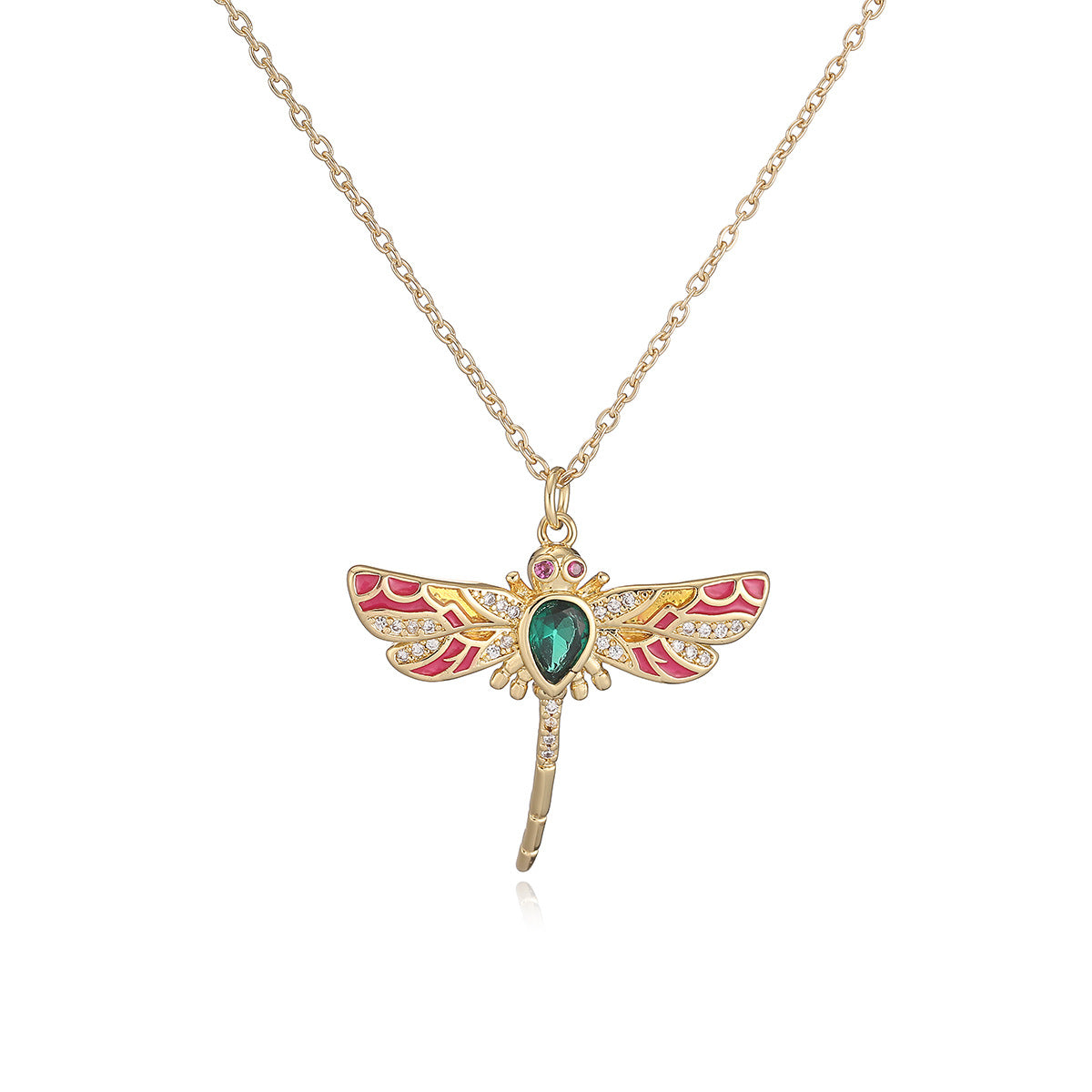 Minimalist 18K Gold Plated Brass Drip Oil Dragonfly Pendant Necklace with Cubic Zirconia for Women